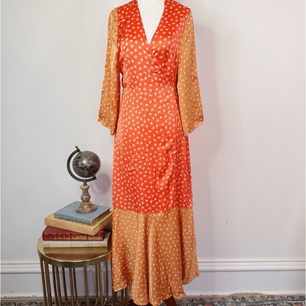 NWT Rodebjer Millie Paneled Satin Midi Wrap Dress XS Retro Printed Colorful $395